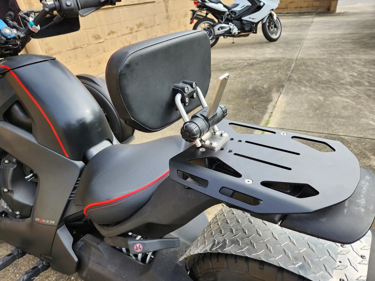 Sargent's Universal EM-5 Backrest on Sargent's Rear Rack on the Can-Am Ryker Motorcycle.